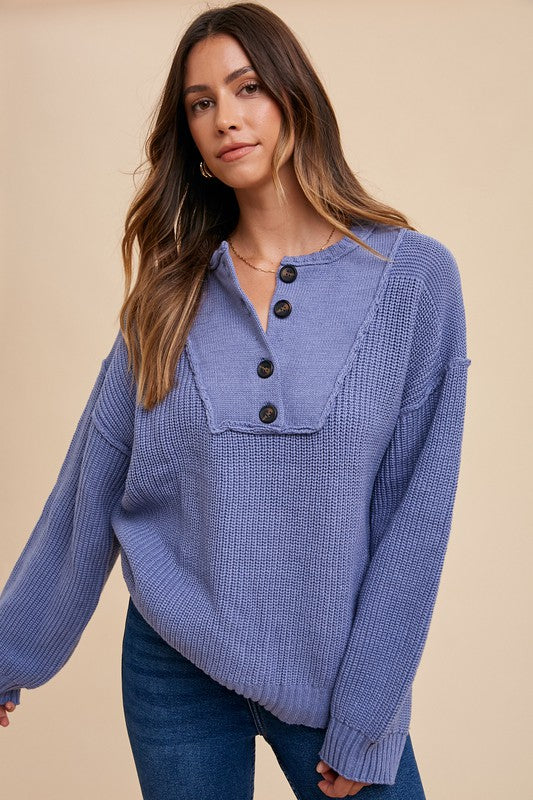 Annie Wear Light Indigo Half Button Ribbed Hem Sweater Light Indigo