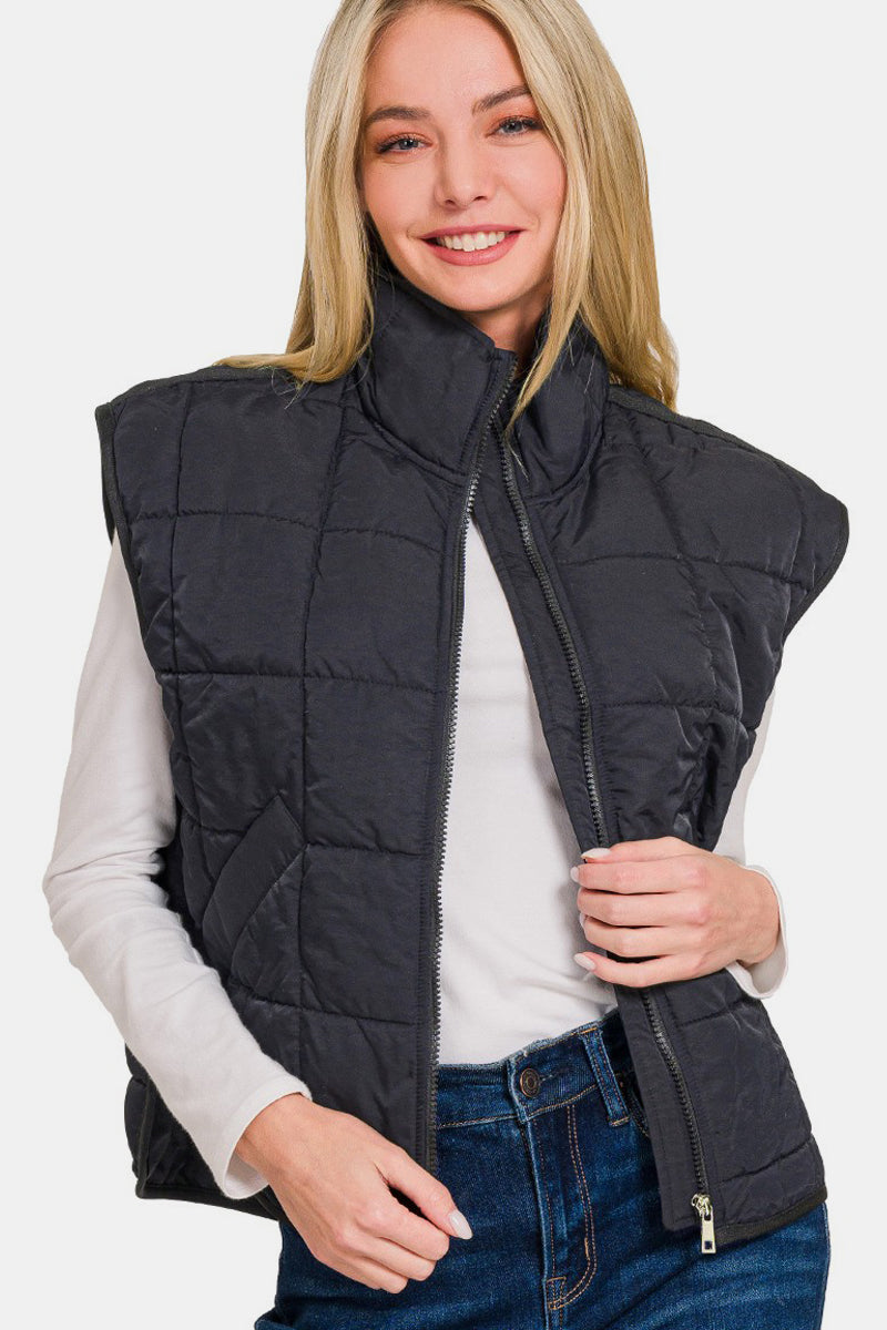 Zenana Black Zip Up Cropped Puffer Vest with Pockets Black Trendsi