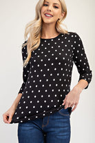 Celeste Black Polka Dot Ribbed Round Neck Three-Quarter Sleeve Top Shirts & Tops