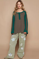 POL Scoop Neck Contrast Long Sleeve Top with Lace Detail