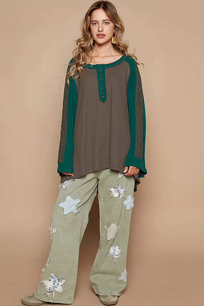POL Scoop Neck Contrast Long Sleeve Top with Lace Detail