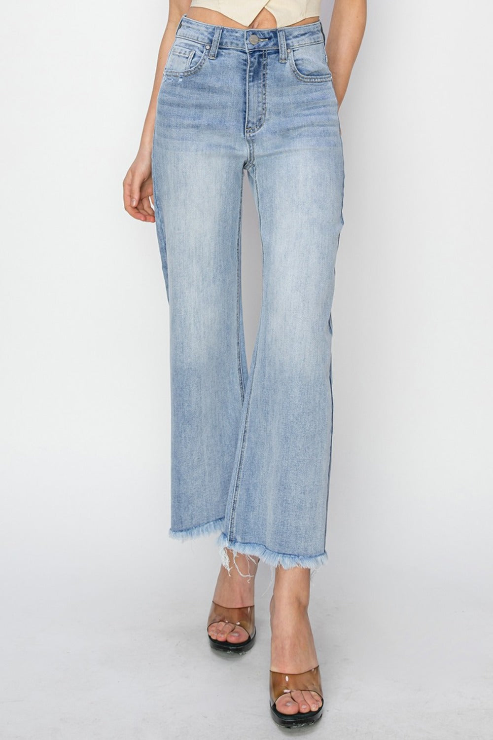 RISEN High Rise Crop Wide Fray Hem Jeans Light Trendsi