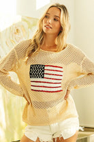 BiBi Oatmeal Sequin American Flag Patch Open Knit Cover Up