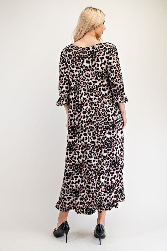 Celeste Brown Leopard Print Round Neck Flounce Sleeve Maxi Dress Dresses