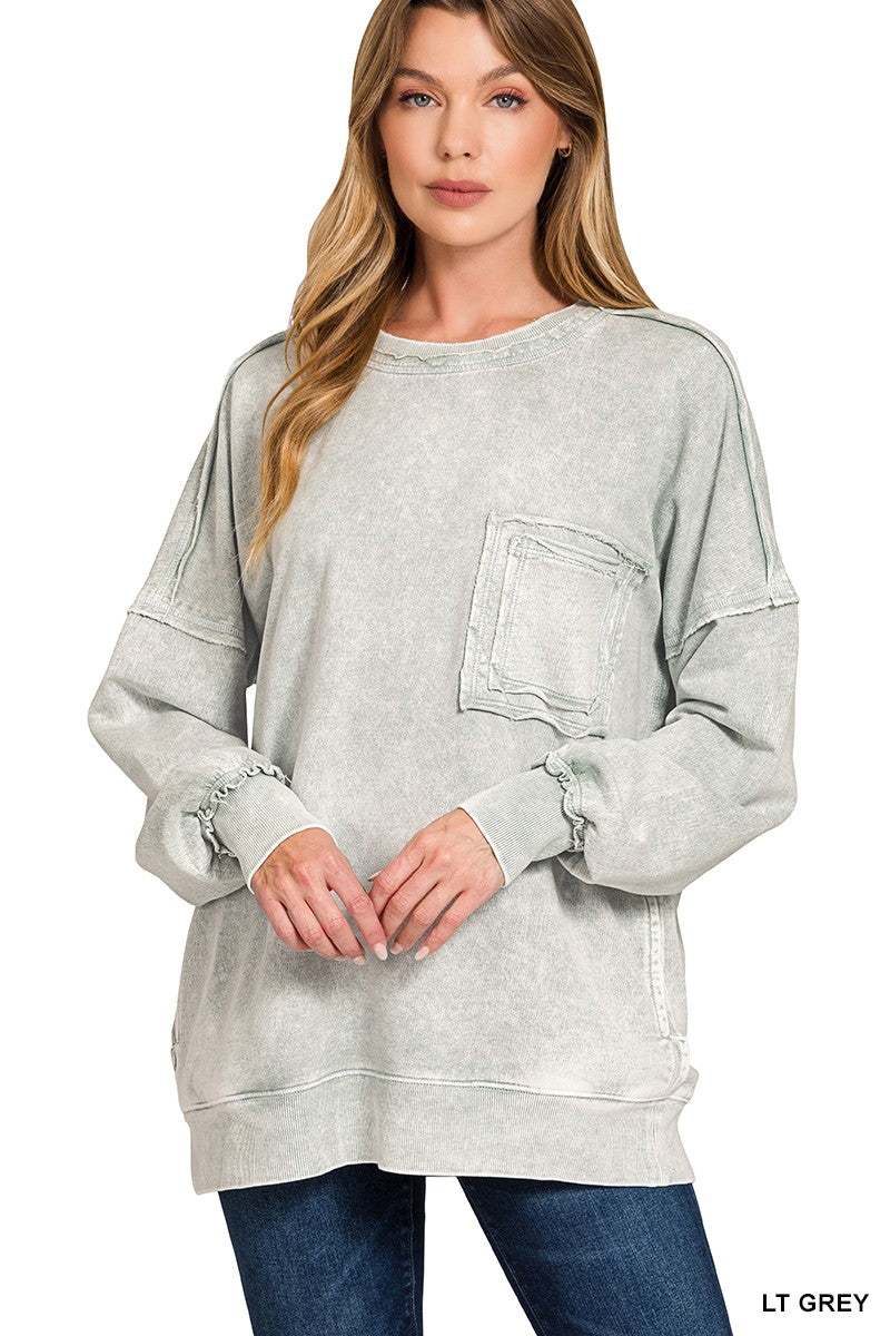 Zenana Light Grey Halo Washed French Terry Exposed-seam Sweatshirt LT GREY