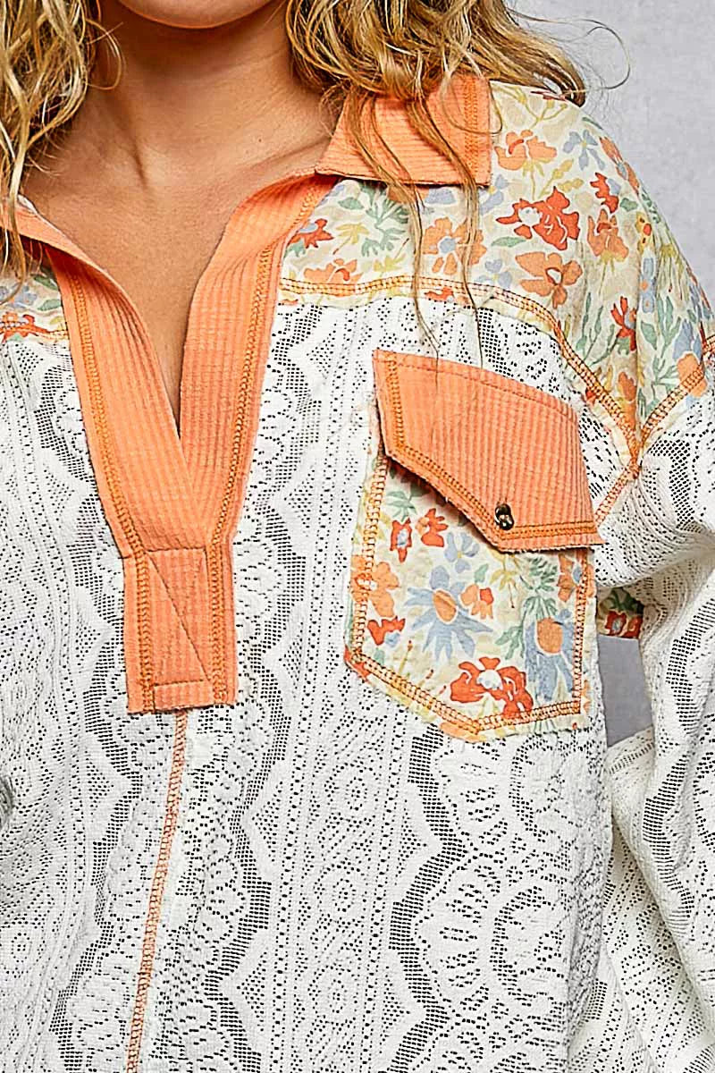 POL Coral Orange Floral Print Long Sleeve Lace Shirt with Front Pocket