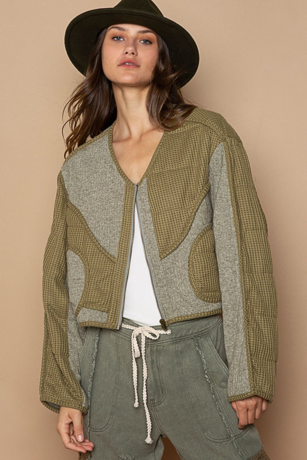 POL Olive Quilted Knit Viding Detail Knit Patch Jacket Olive Trendsi