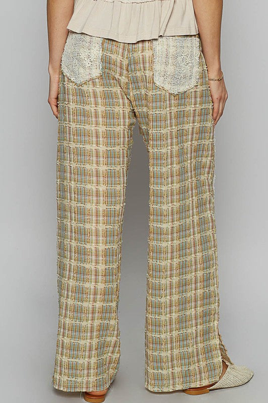 POL Lace Trim Drawstring Checkered Wide Leg Pants in Sage