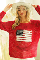 BiBi Red Sequin American Flag Patch Open Knit Cover Up RED