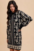 Annie Wear Floral Jacquard Round Neck Sweater Dress in Black Dresses