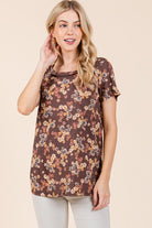 BOMBOM Chocolate Lightweight Floral Round Neck Short Sleeve T-Shirt Chocolate