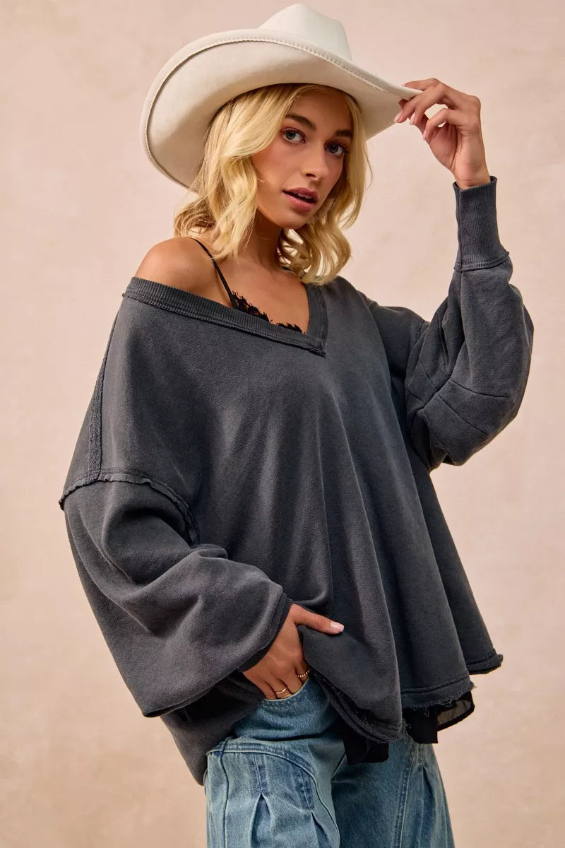 BiBi Mineral Washed French Terry Oversized Sweatshirt – Ash