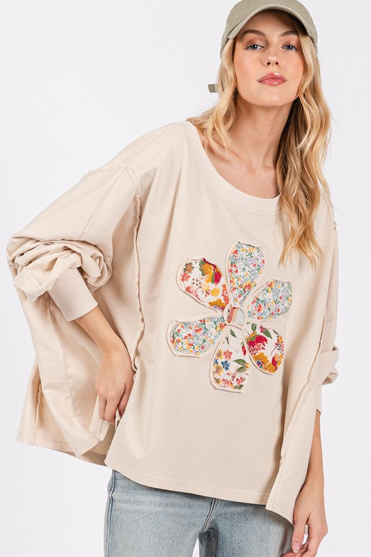 SAGE + FIG Oatmeal Flower Patch Dropped Shoulder Oversize Top Shirts & Tops