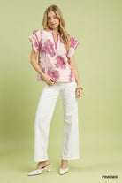 Umgee Pink Mix Floral Ruffle Sleeve Blouse