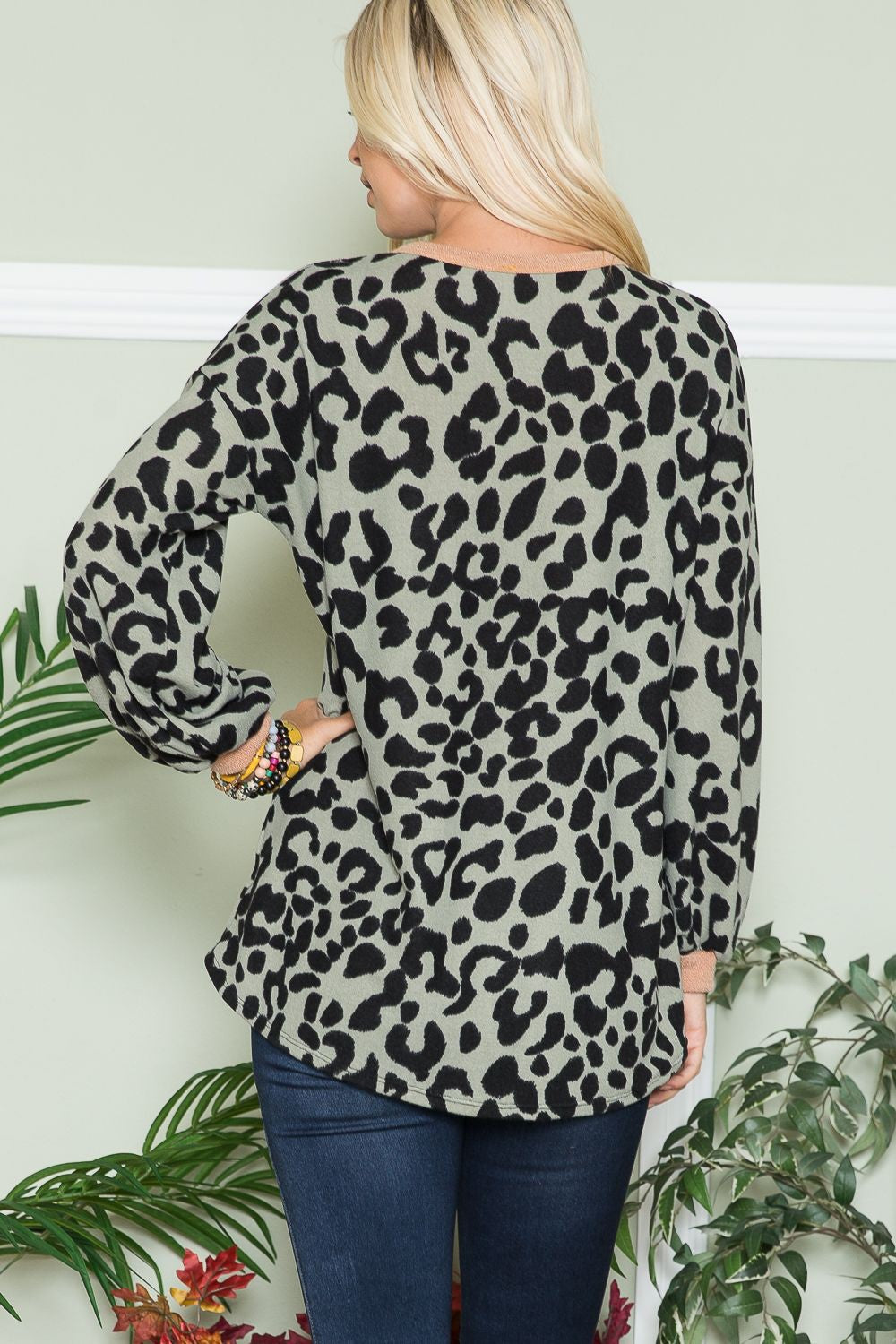 Celeste Olive Leopard V-Neck Long Sleeve Blouse Shirts & Tops