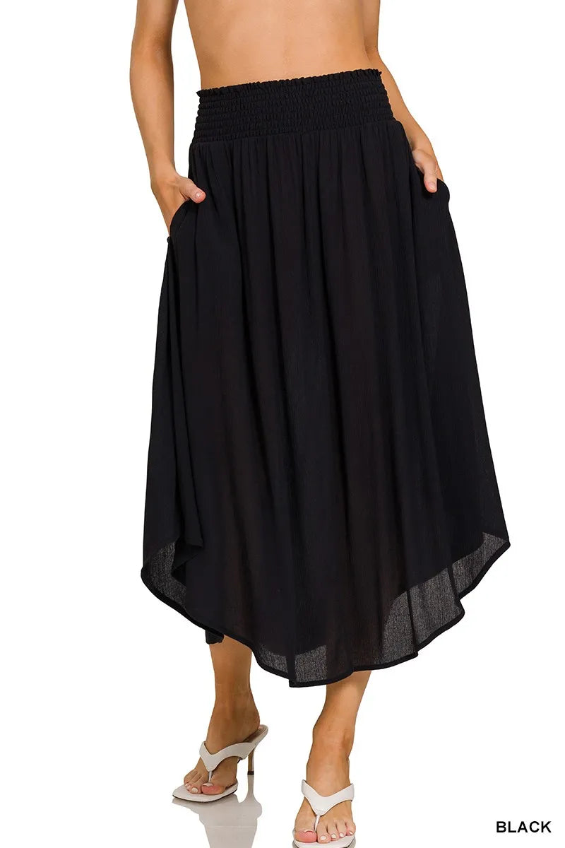 Zenana Black Woven Crinkle Smocked Waist Maxi Skirt W Pockets