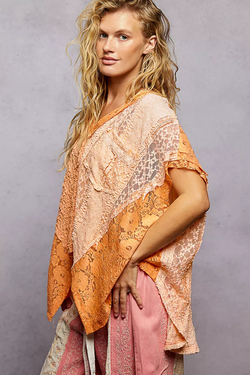 POL Orange Asymmetrical V-Neck Short Sleeve Lace Top