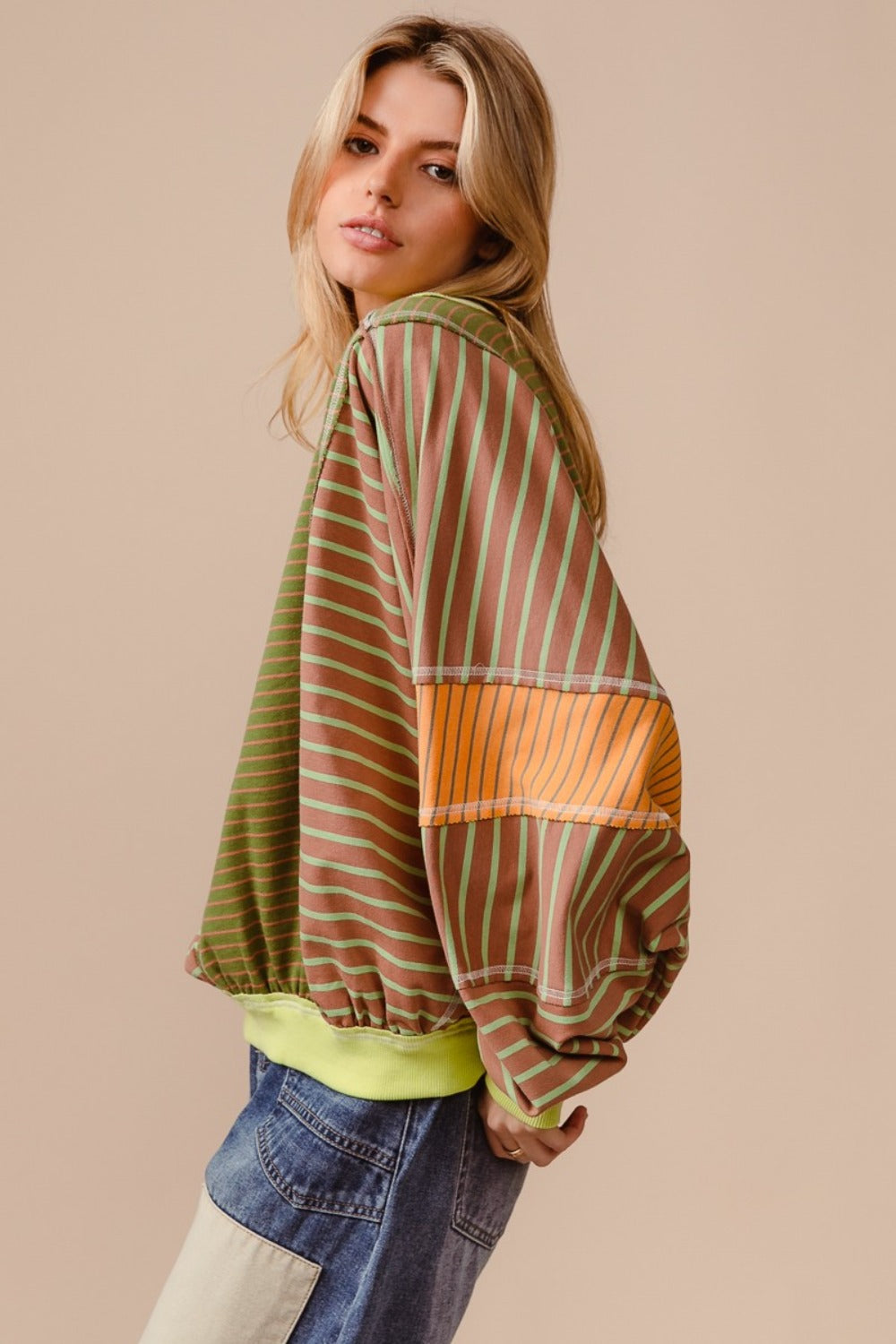 BiBi Color Block Striped Round Neck Sweatshirt Trendsi