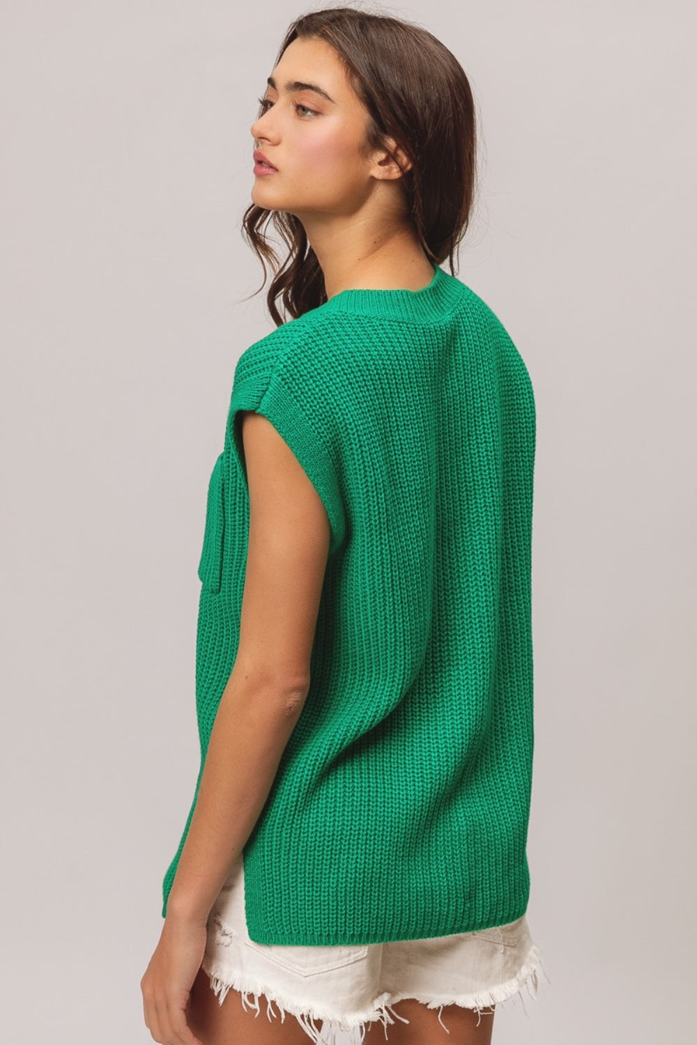 BiBi Jade Patch Pocket Cap Sleeve Sweater Top Trendsi