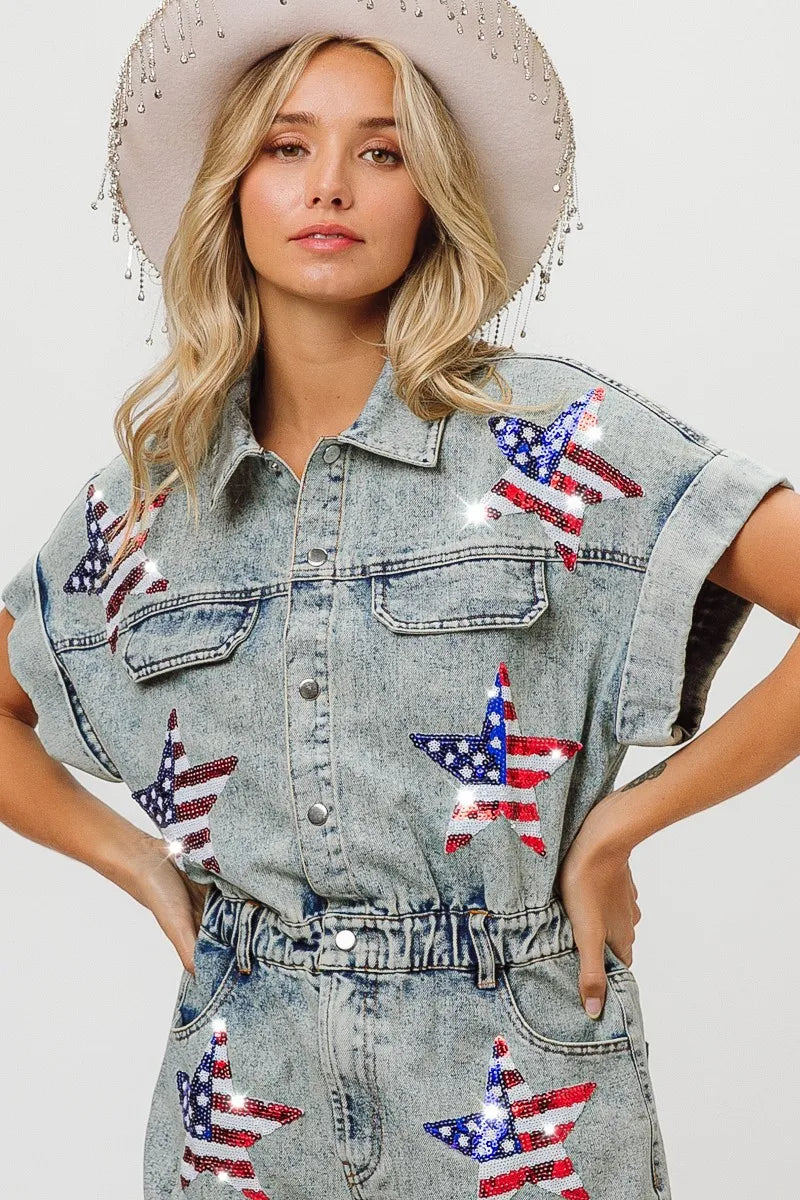 BiBi American Flag Washed Denim Romper