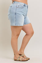 Judy Blue Light Washed Rigid Front Frayed Hem High Rise Denim Magic Shorts with Pockets