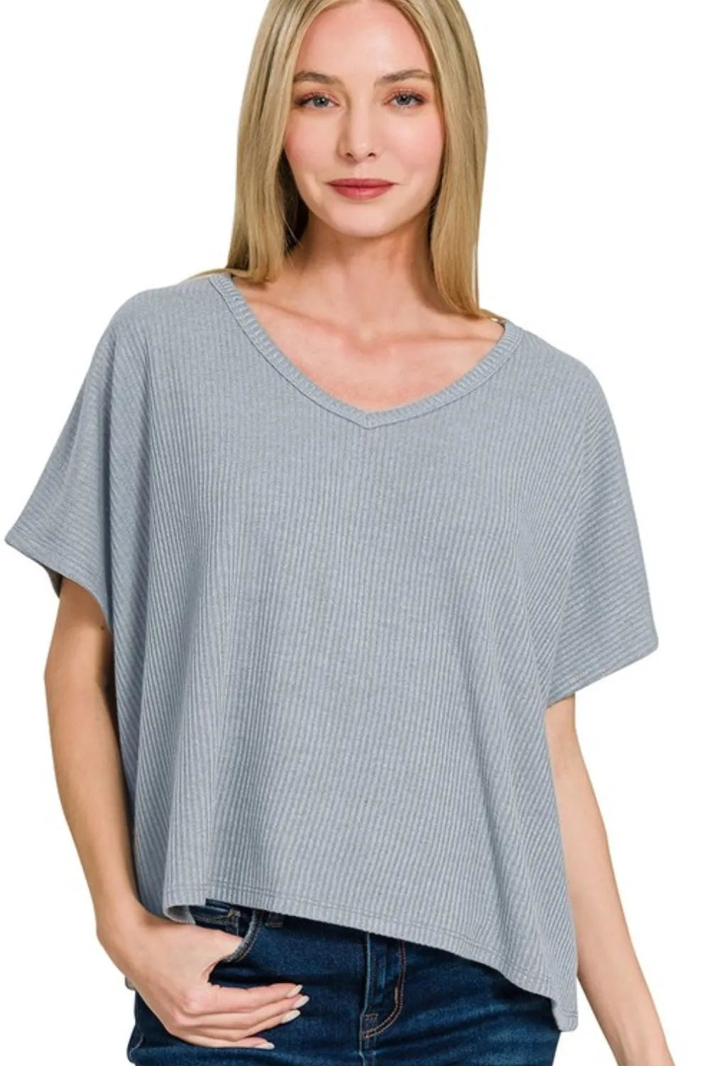 Zenana Blue Grey Ribbed V-Neck Short-Sleeve Knit Top BLUE GREY
