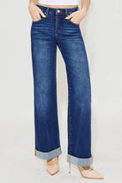 RISEN Tummy Control High Rise Wide Leg Cuffed Jeans Plus Size DARK