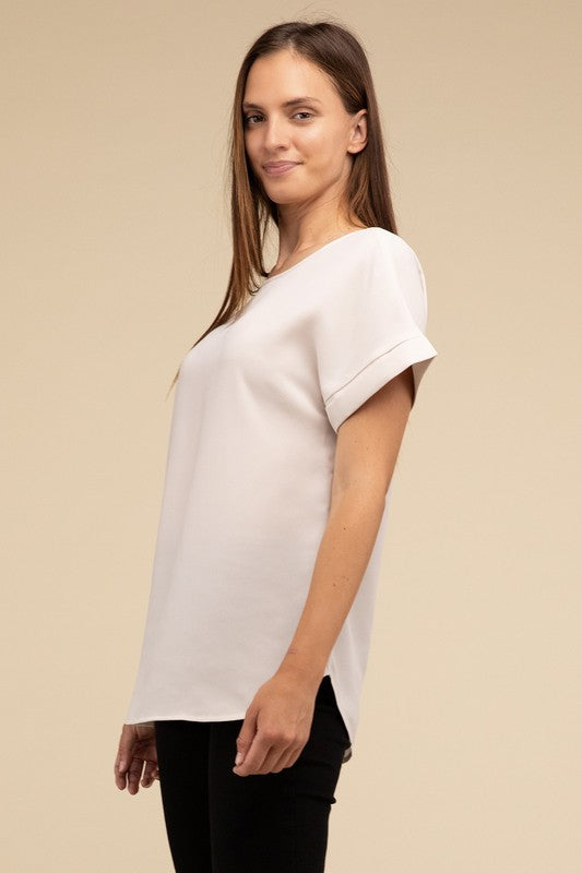 Zenana Woven Heavy Dobby Rolled Sleeve Boat Neck Top ZENANA