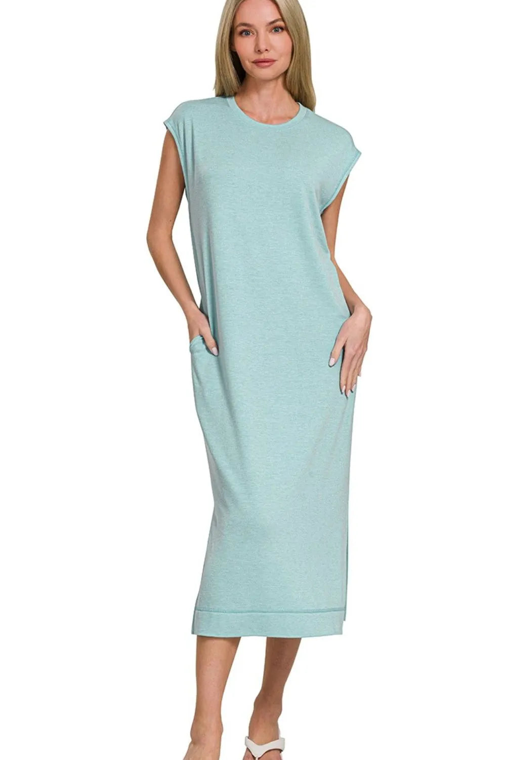 Zenana Dusty Teal French Terry Sleeveless Round Neck Midi Dress DUSTY TEAL