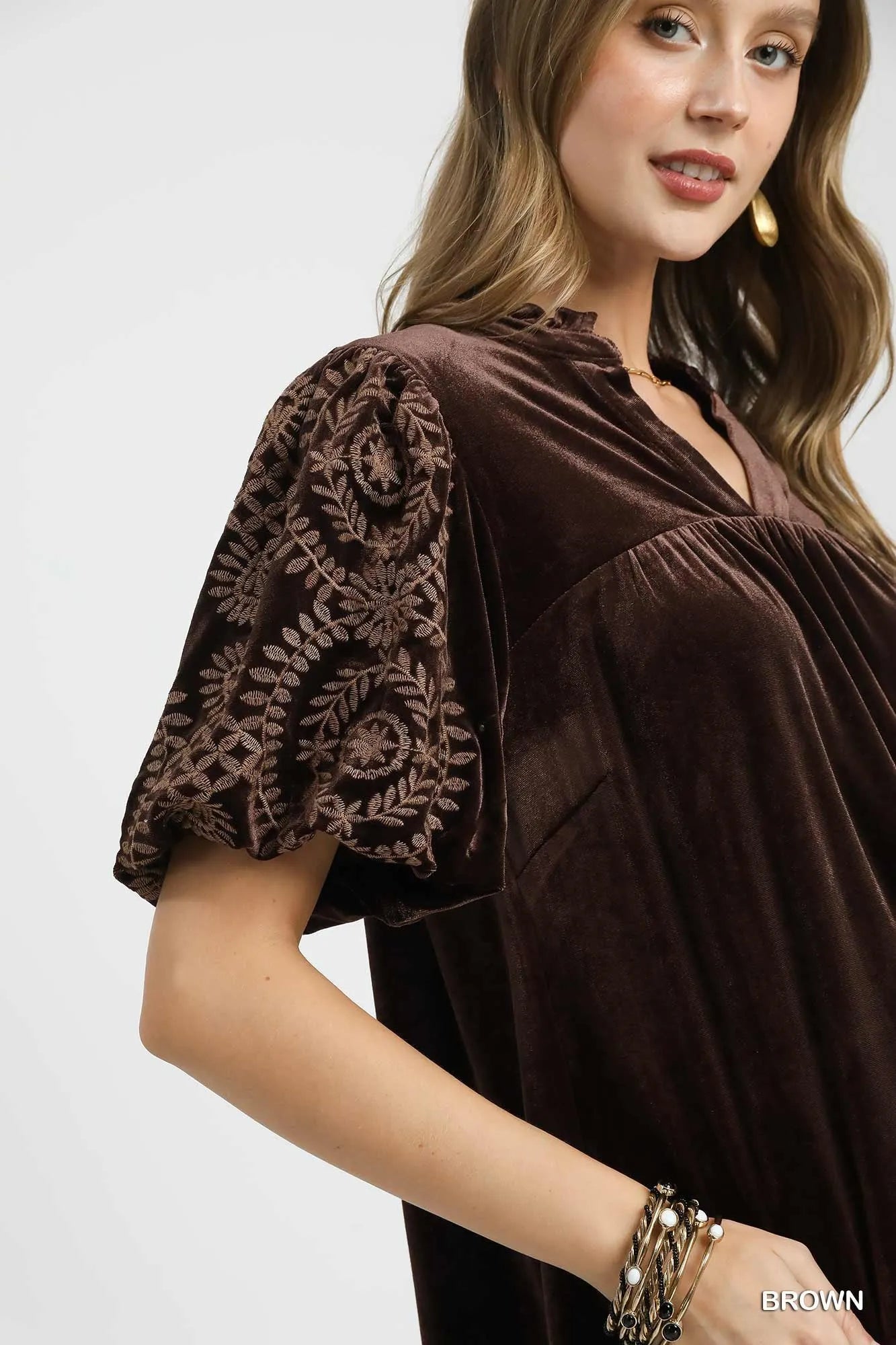 Umgee Brown Velvet Embroidered Sleeve Blouse
