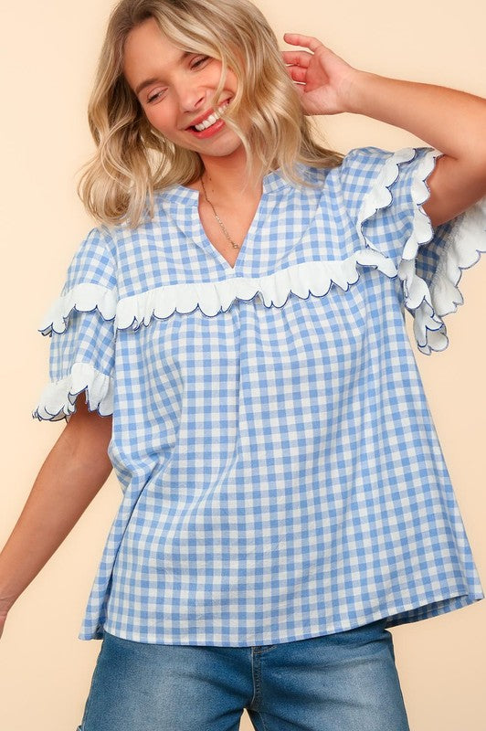 Haptics Sky Blue Plaid Scallop Hem Notched Short Sleeve Blouse Sky Blue Shirts & Tops