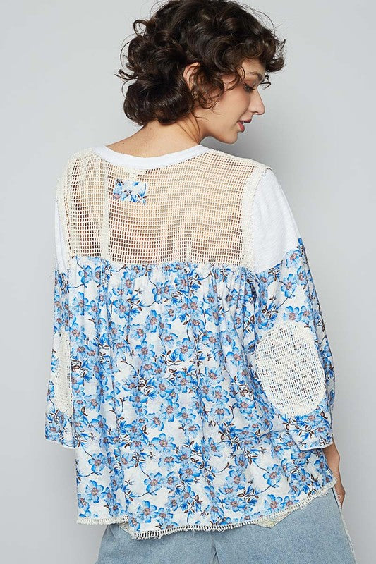 POL White & Blue Washed Floral Print Crochet Detail Top