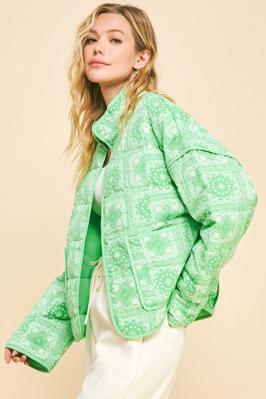 Davi & Dani Neon Green Bandanna Vintage Print Quilted Open Front Jacket with Pockets Coats & Jackets