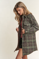 J.NNA Snap Down Tweed Plaid Contrast Longline Shacket Trendsi