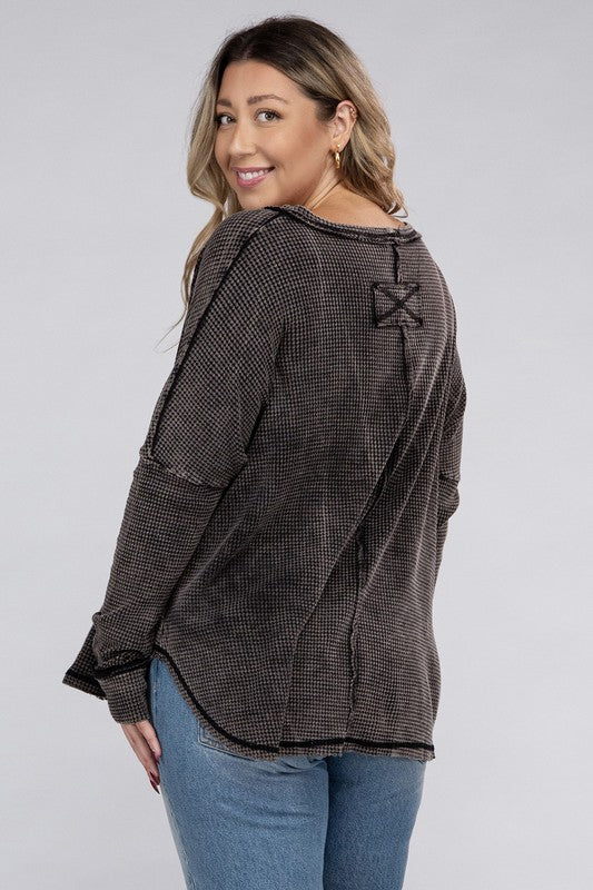 Zenana Plus Size Washed Baby Waffle Oversized Long Sleeve Top ZENANA