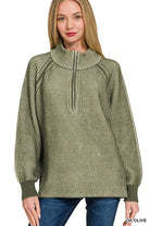 Zenana Ribbed Two Tone Half Zip Sweater in Dark Olive