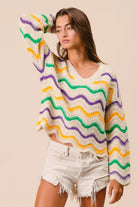 BiBi Mardi Gras Wavy Stripes V-Neck Sweater