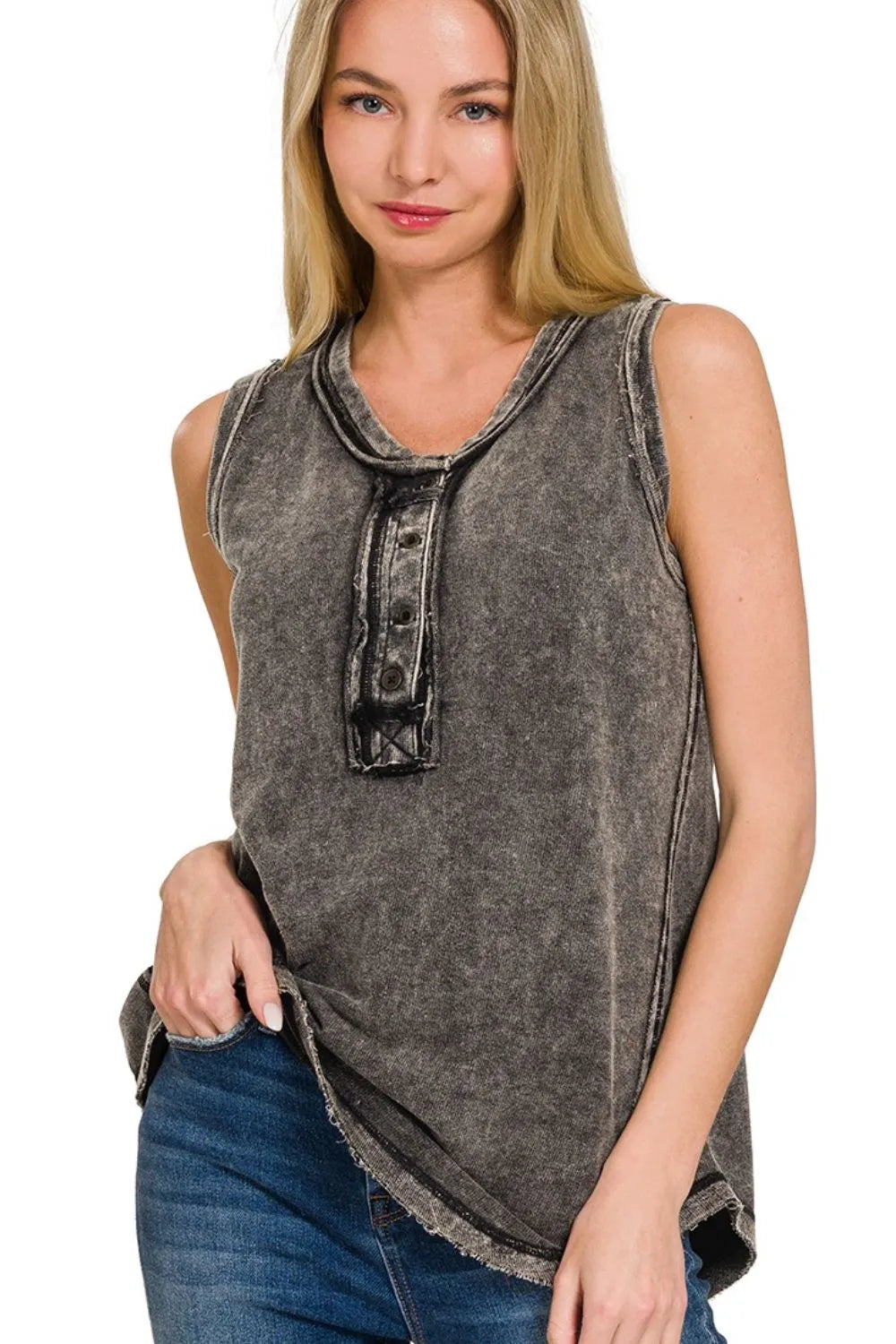 Zenana Ash Black Washed Half-Button Raw Edge Sleeveless Henley Top ASH BLACK
