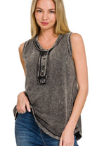 Zenana Ash Black Washed Half-Button Raw Edge Sleeveless Henley Top ASH BLACK