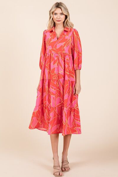Mittoshop Coral Tiered Printed Collared Neck Midi Dress