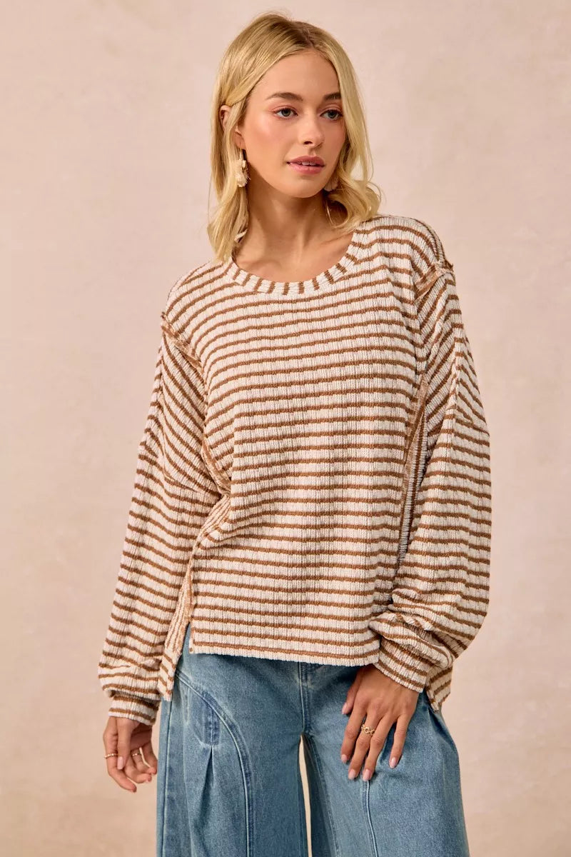 BiBi Camel Open Seam Detail Textured Stripe Knit Top