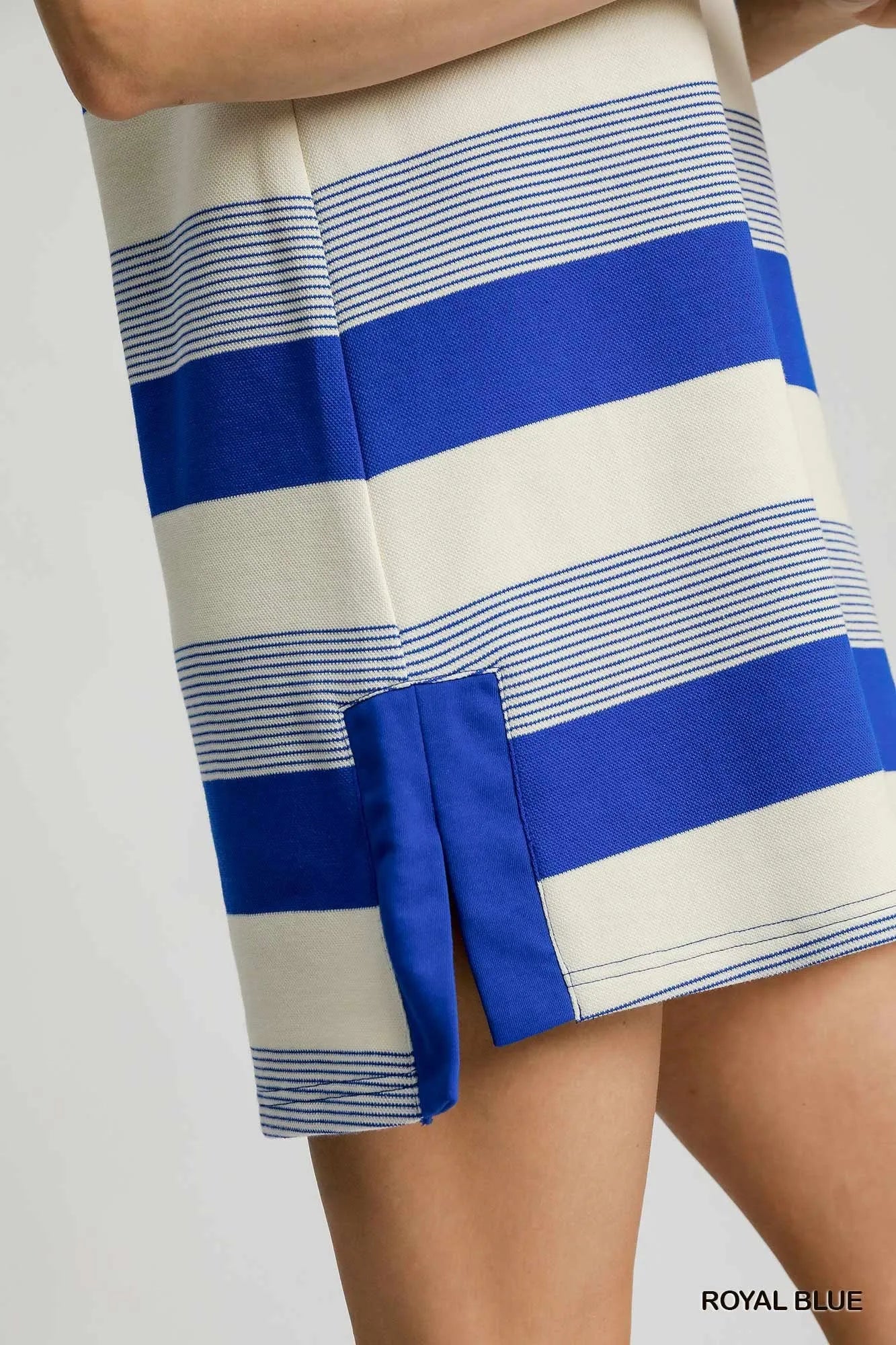 Umgee Royal Blue French Terry Bold Stripe Side Slit Striped Shift Dress