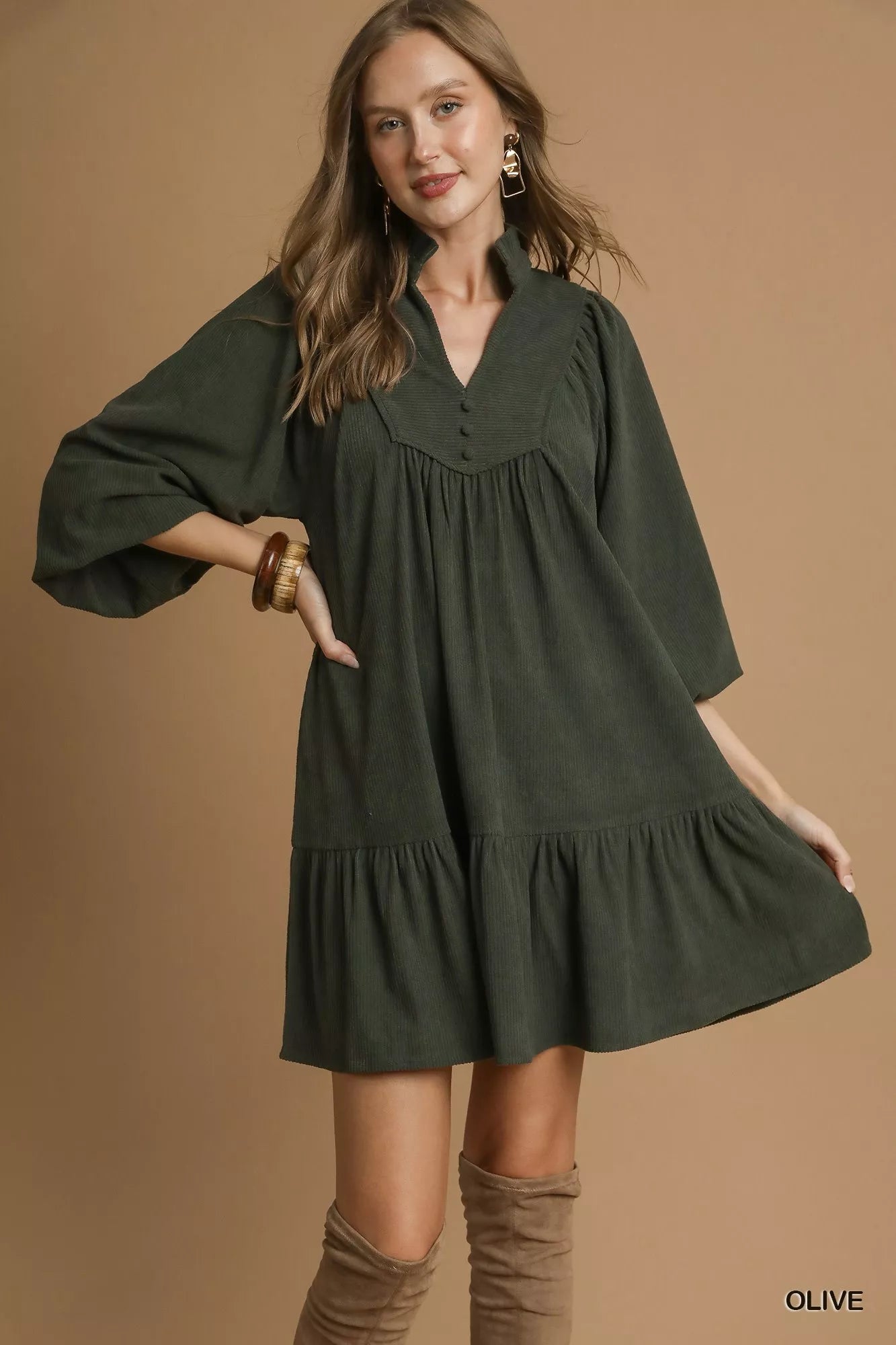Umgee Olive Corduroy Tiered Babydoll Dress Olive