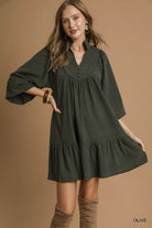 Umgee Olive Corduroy Tiered Babydoll Dress Olive