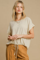 Umgee Oatmeal Drawstring Hem Round Neck Short Sleeve T-Shirt Oatmeal