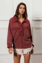 BiBi Marsala French Terry Cut Edge Detail Collared Long Sleeve Top