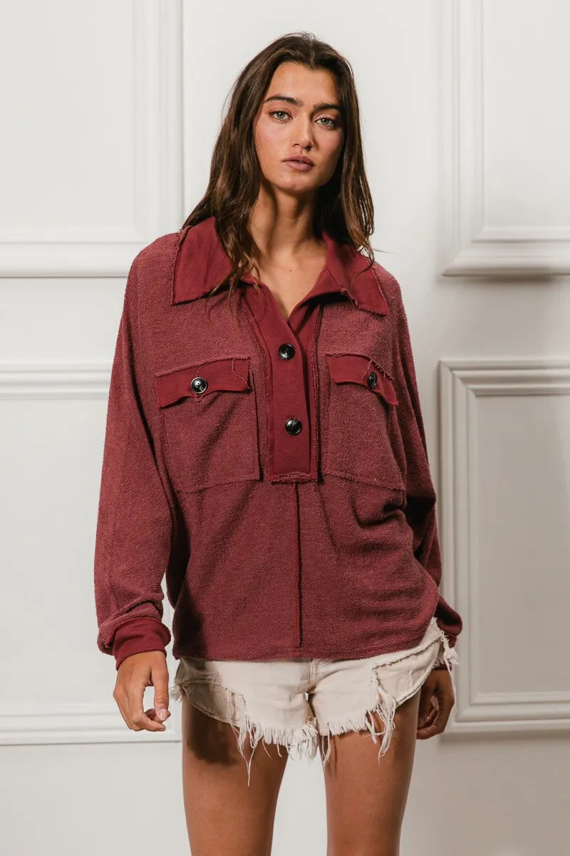 BiBi Marsala French Terry Cut Edge Detail Collared Long Sleeve Top