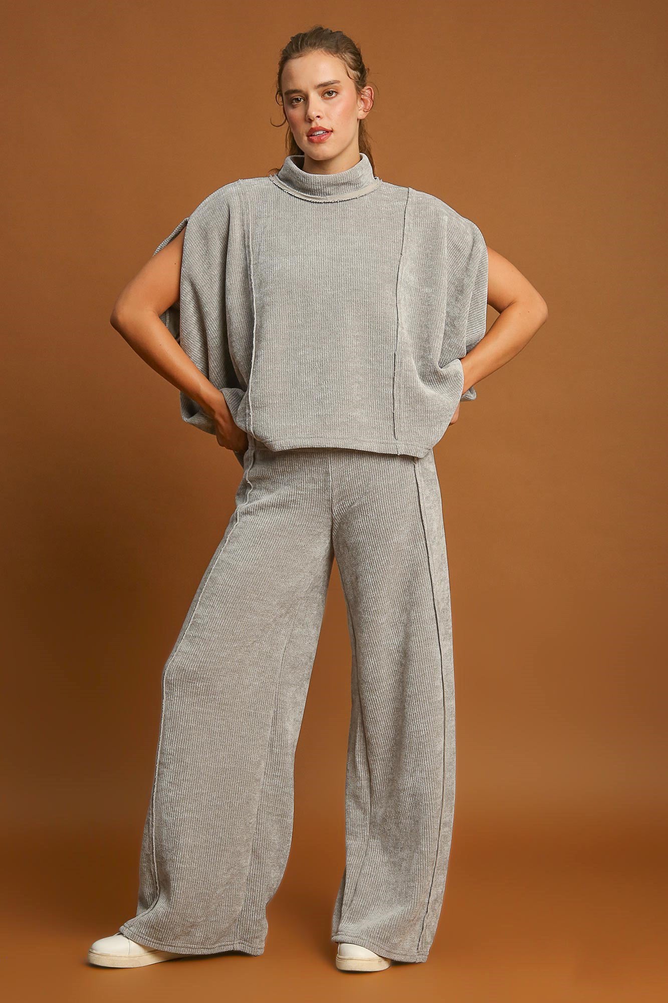 Umgee Light Gray Ribbed Elastic Waist Wide Leg Pants Pants