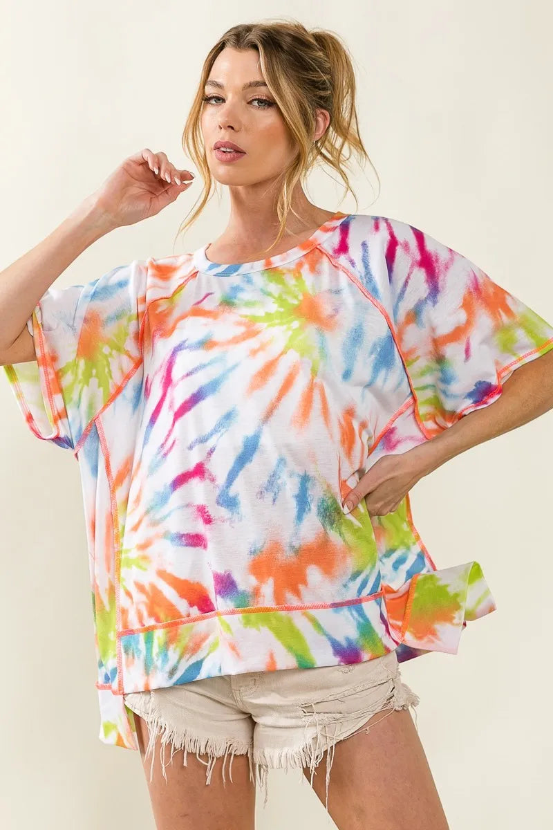 BiBi Tie Dye Print Jersey Stitched Uneven Hem Top