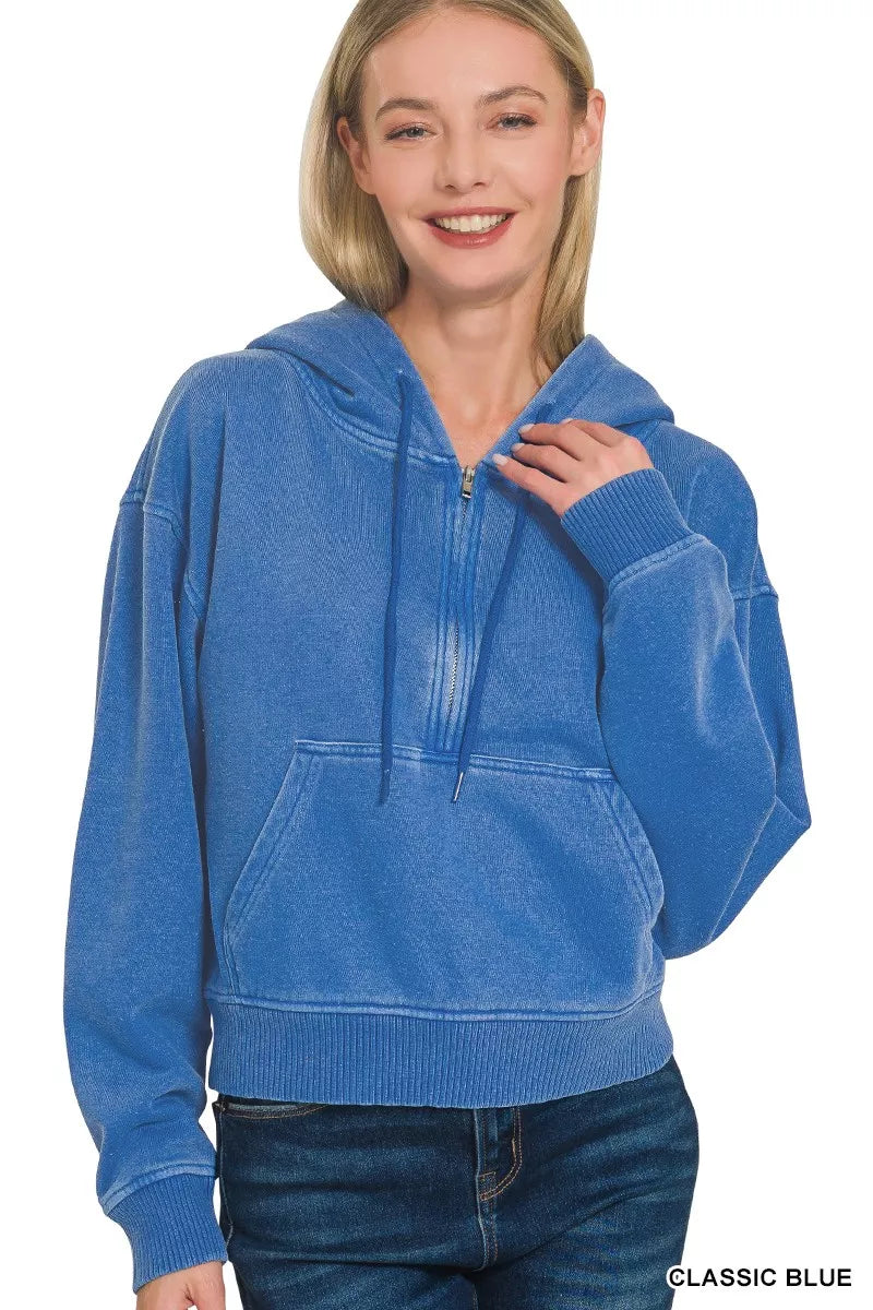 Zenana Fleece Pigment Dye Half Zip Kangaroo Pocket Hoodie
